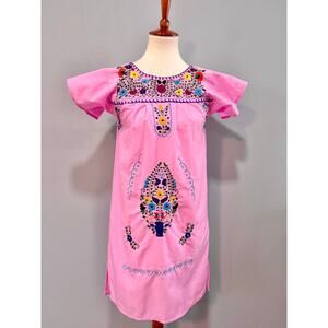 Vintage Mexican Hand Embroidered Pink Floral Huipil Boho Dress Puebla XS